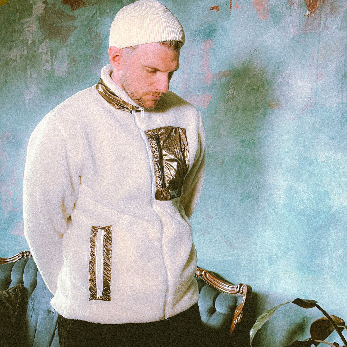 Cream, sherpa, polyester, fleece, fall, winter, menswear, pockets, zipper, Ppfff.