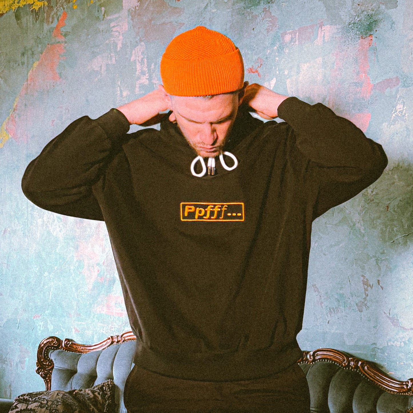 Black, hoodie, hood, cotton, enzyme washed, embroidery, menswear, fall, winter, casual, Ppfff.