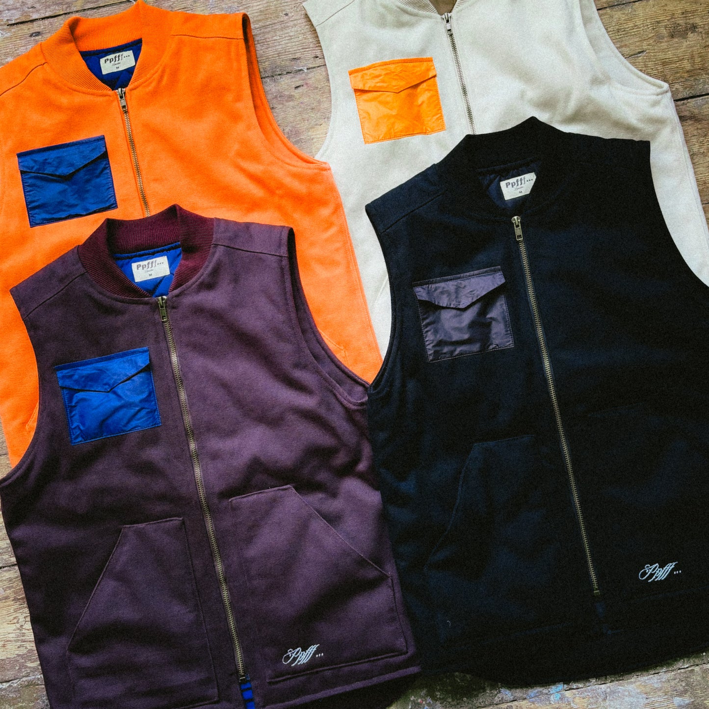 Cream, black, burgundy, orange, vest, cotton, canvas, workwear, nylon, embroidery, pockets, menswear, fall, winter, warm, durable, casual, Ppfff.