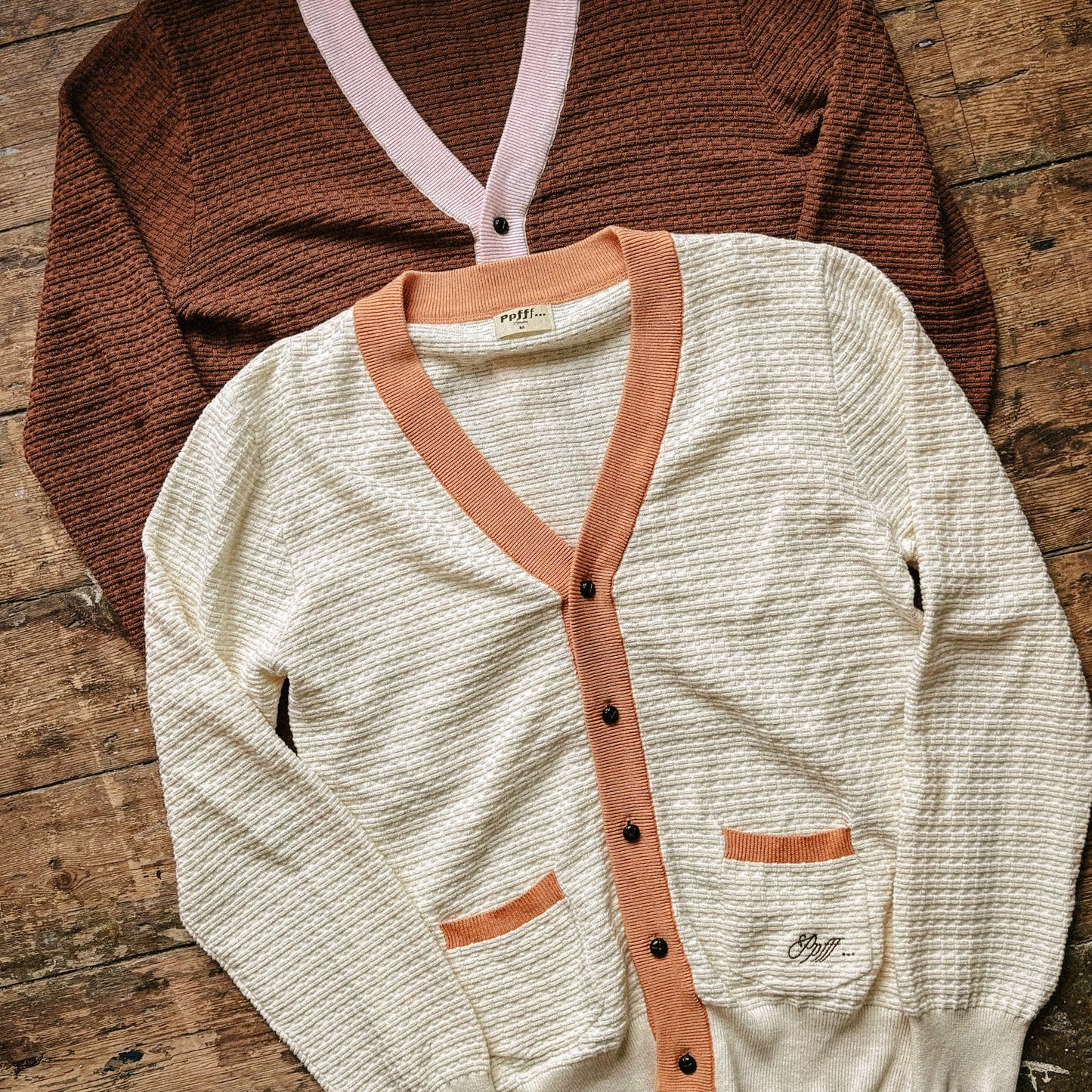 Brown, pink, cream, orange, cardigan, knitted, knitwear, pockets, embroidery, textured knit, classic, vintage, leather buttons, menswear, fall, winter, cardi, Ppfff.