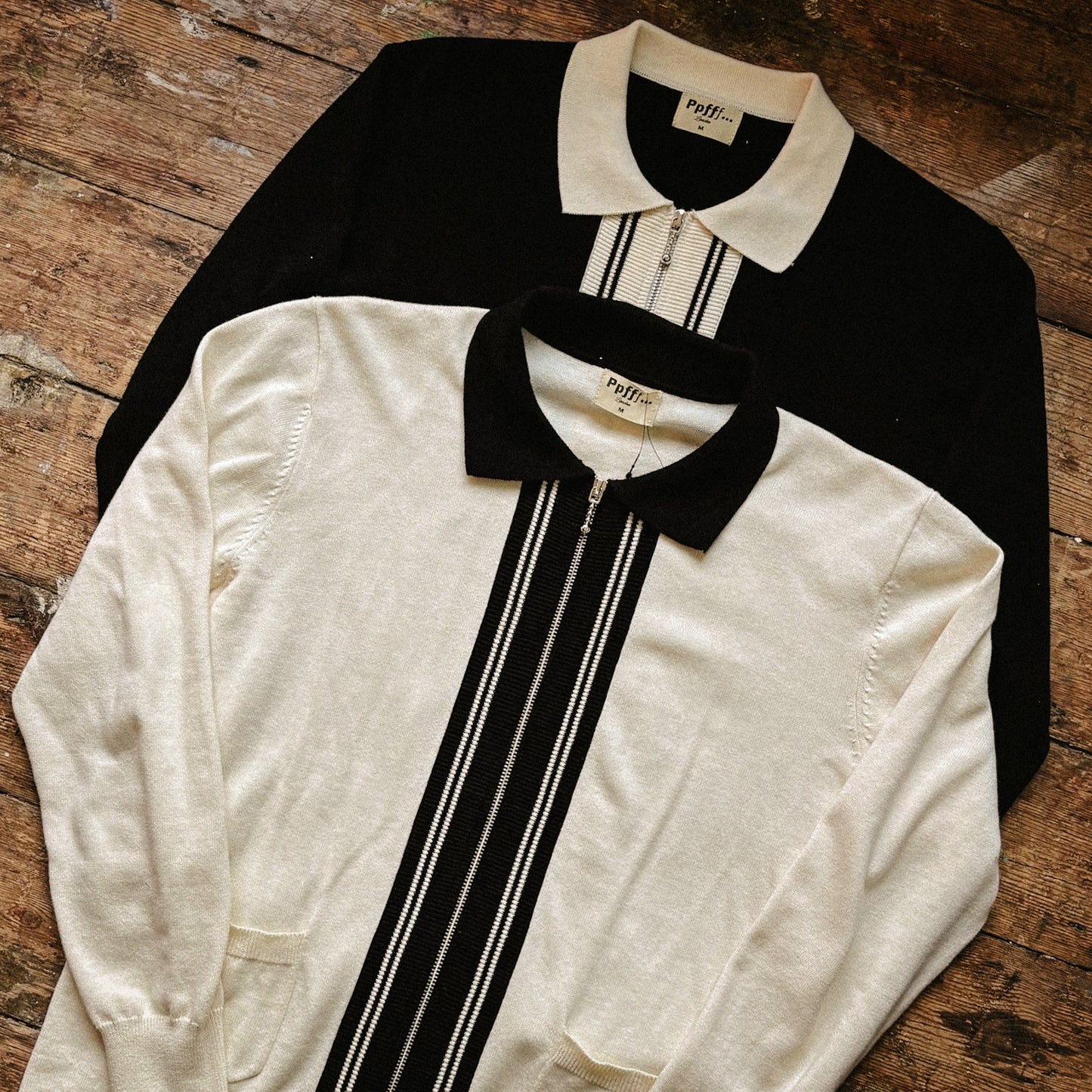 Cream, ecru, black, knitted cardigan, cardigan, cardi, zipper, pockets, menswear, classic, contrast, fall, winter, knitwear, Ppfff.