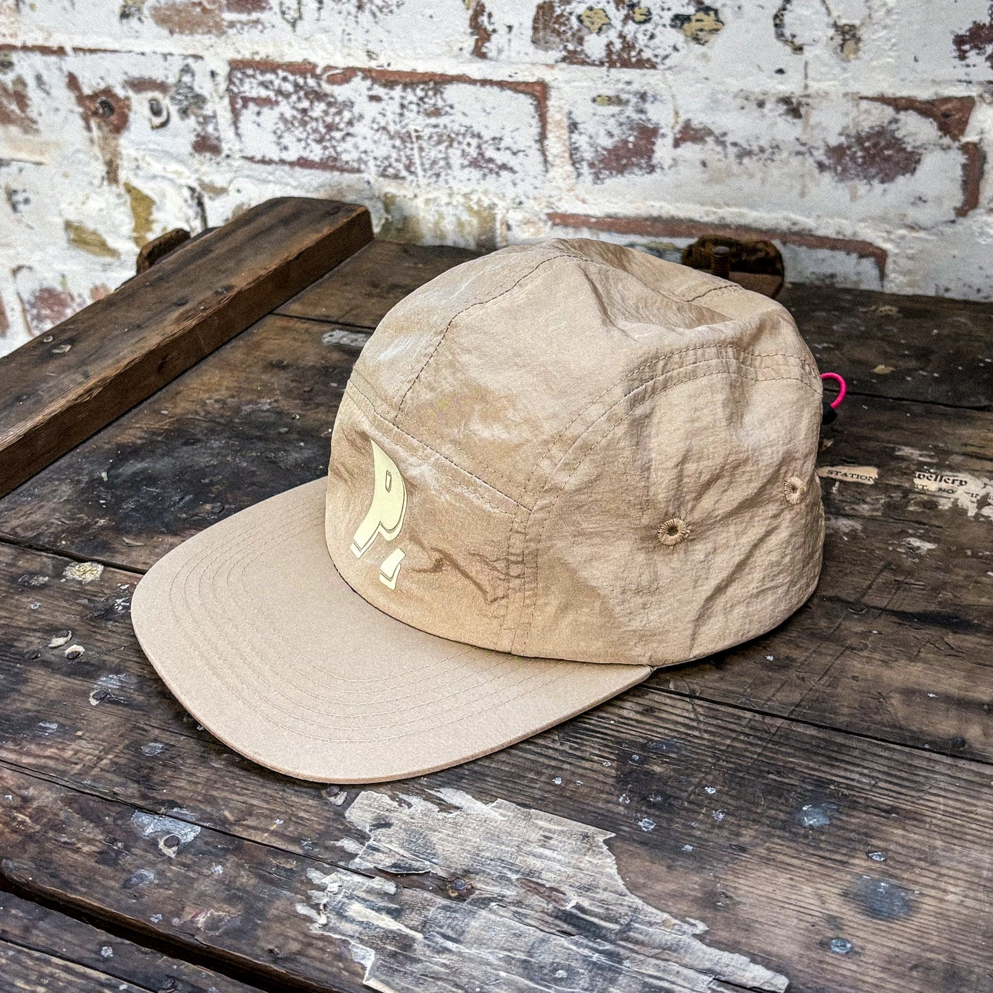 Beige, cap, 5 panel cap, reflective logo, nylon, water repellent, fall, winter, spring, summer, bungee adjuster, menswear, headwear, accessories, Ppfff.