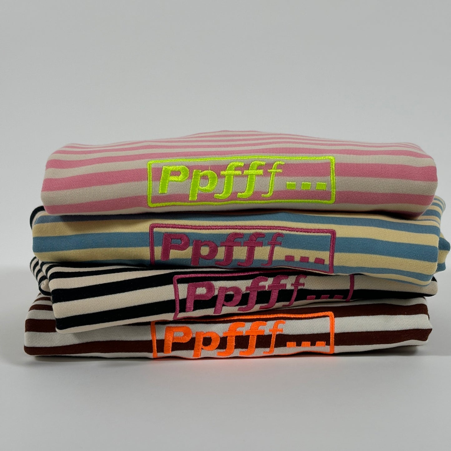 Brown, cream, pink, black, striped tee, t-shirt, embroidery, ribbed neckline, menswear, spring, summer, vacation, resort, cotton, double rib, relaxed fit, Ppfff.