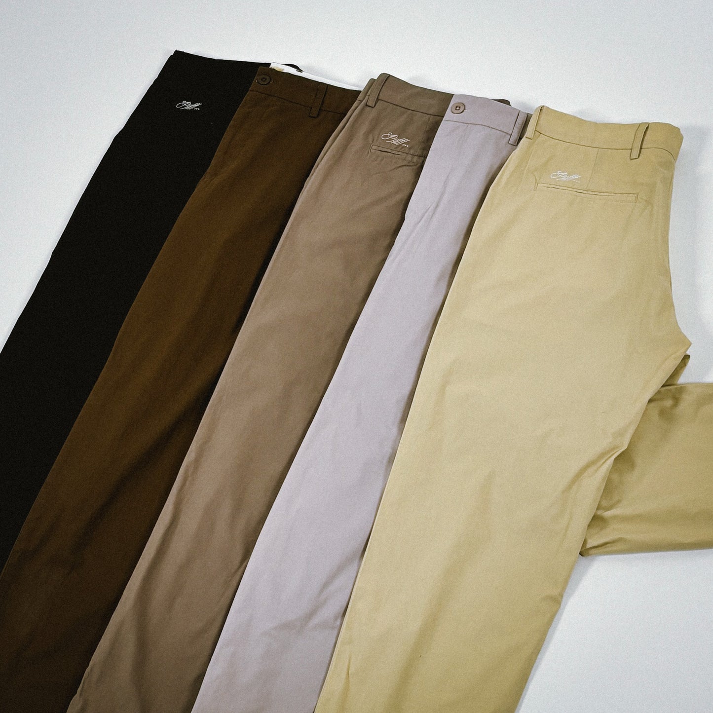Black, brown, cream, grey, cotton, twill, pants, belt loops, embroidery, straight fit, menswear, lightweight, fall, winter, spring, summer, casual, essentials, Ppfff.
