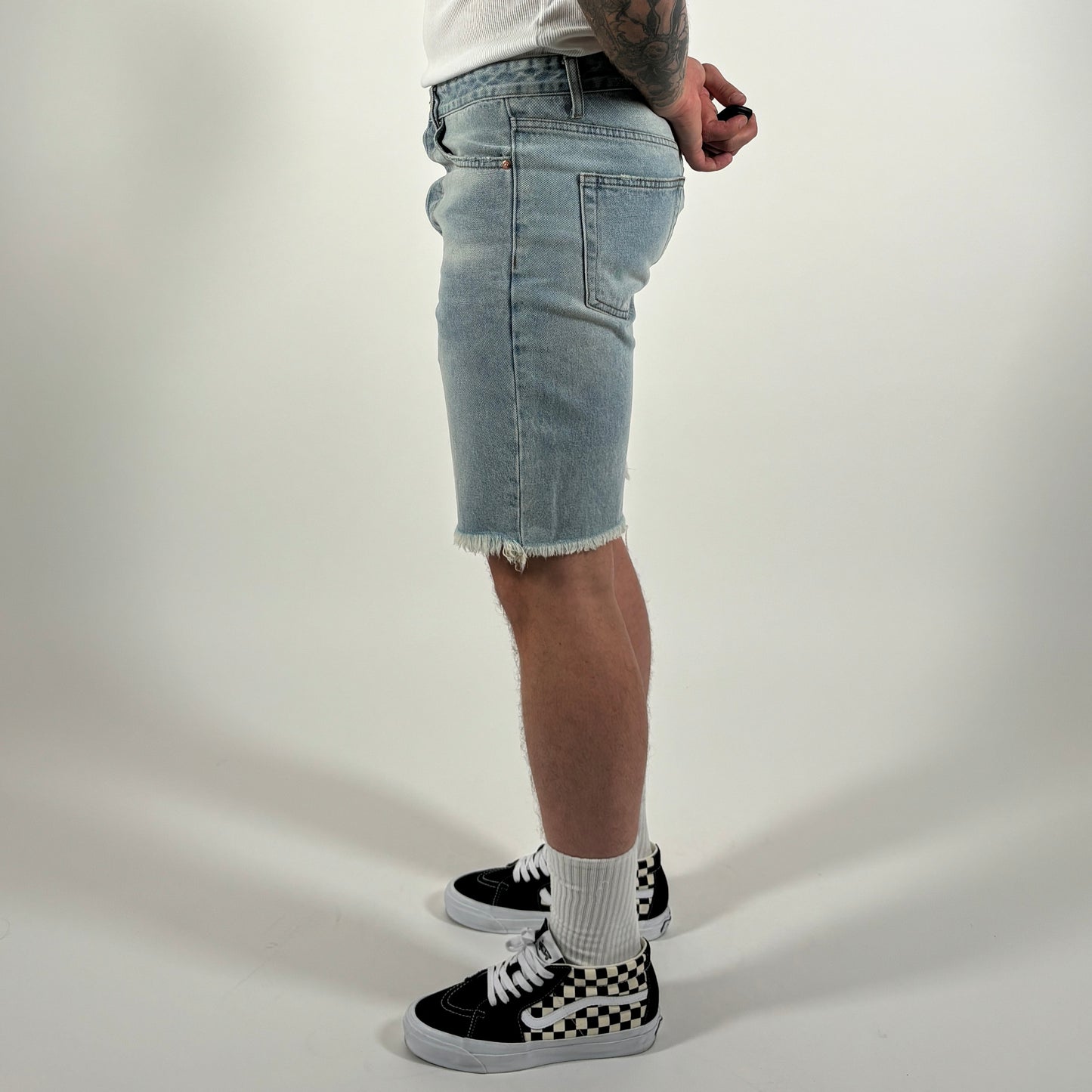 Stonewashed denim shorts, distressed detailing, cotton, copper rivets, pockets, spring, summer essentials, menswear, everyday wear, regular fit, Ppfff.