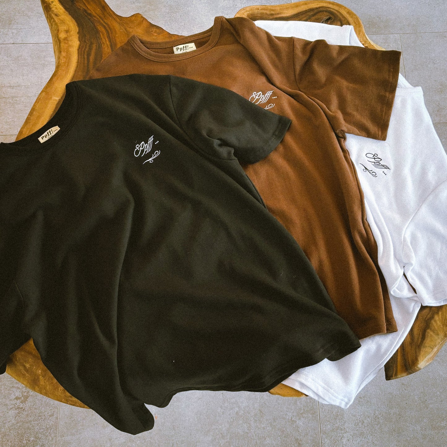 Black, brown, white, tee, t-shirt, cotton, embroidery, ribbed neckline, boxy, menswear, spring, summer, classic, fall, winter, double rib, relaxed fit, Ppfff.