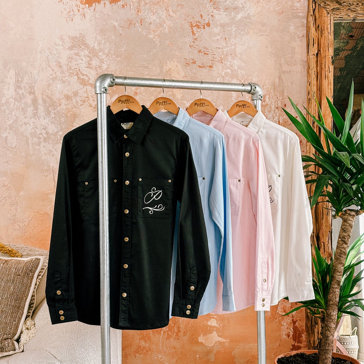 Black, long sleeve shirt, shirt, button up, brass rivets, cotton, twill, menswear, spring, summer, fall, winter, embroidered, embroidery, Ppfff.