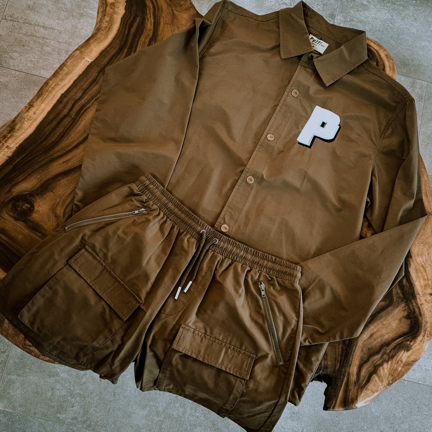 Brown cotton and nylon blend shorts, pockets, zip pockets, matching coach jacket, spring, summer essentials, causal, resort, menswear, embroidered logo, Ppfff.