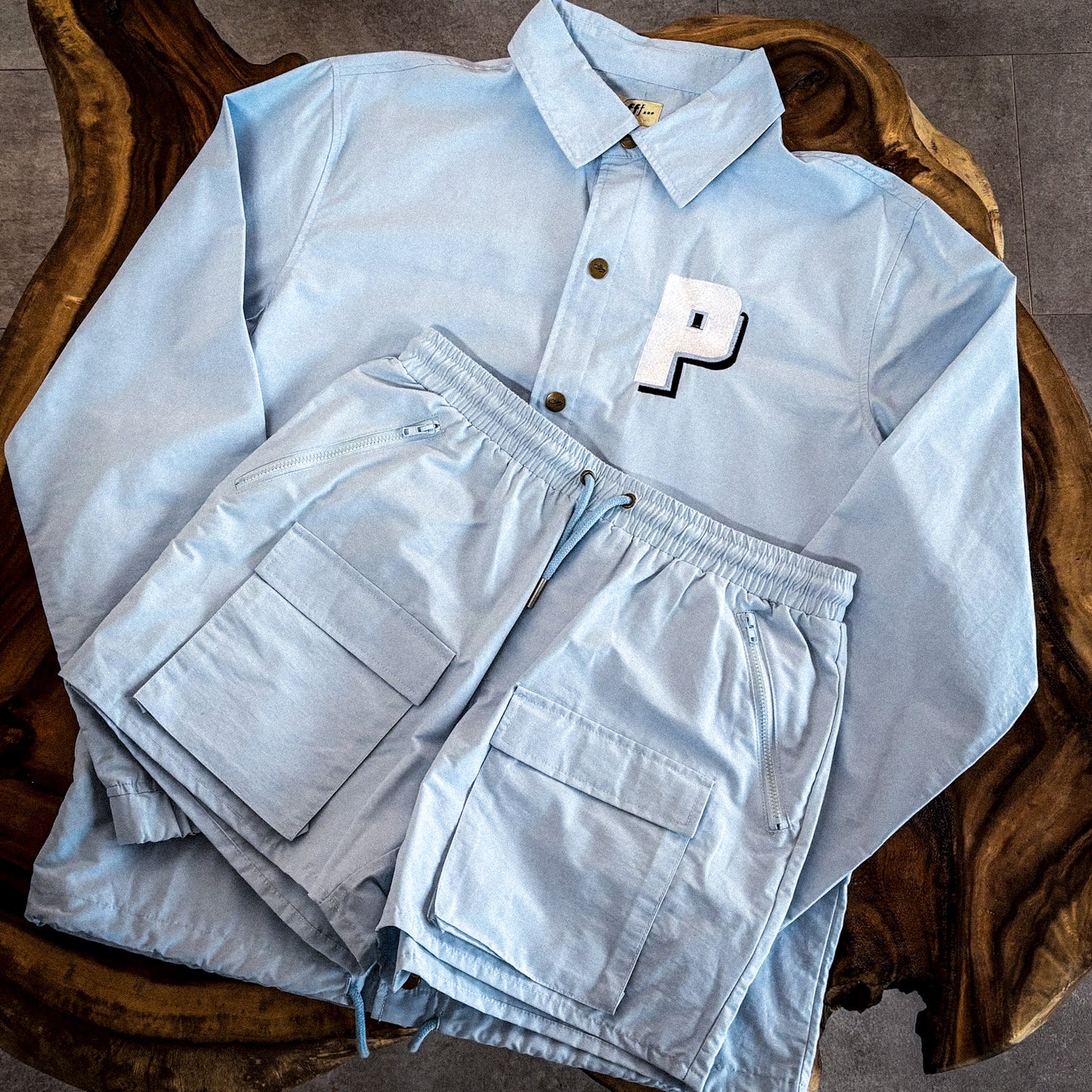 Baby blue cotton and nylon blend shorts, pockets, matching coach jacket, embroidered logo, spring summer essentials, casual, menswear, resort, Ppfff.