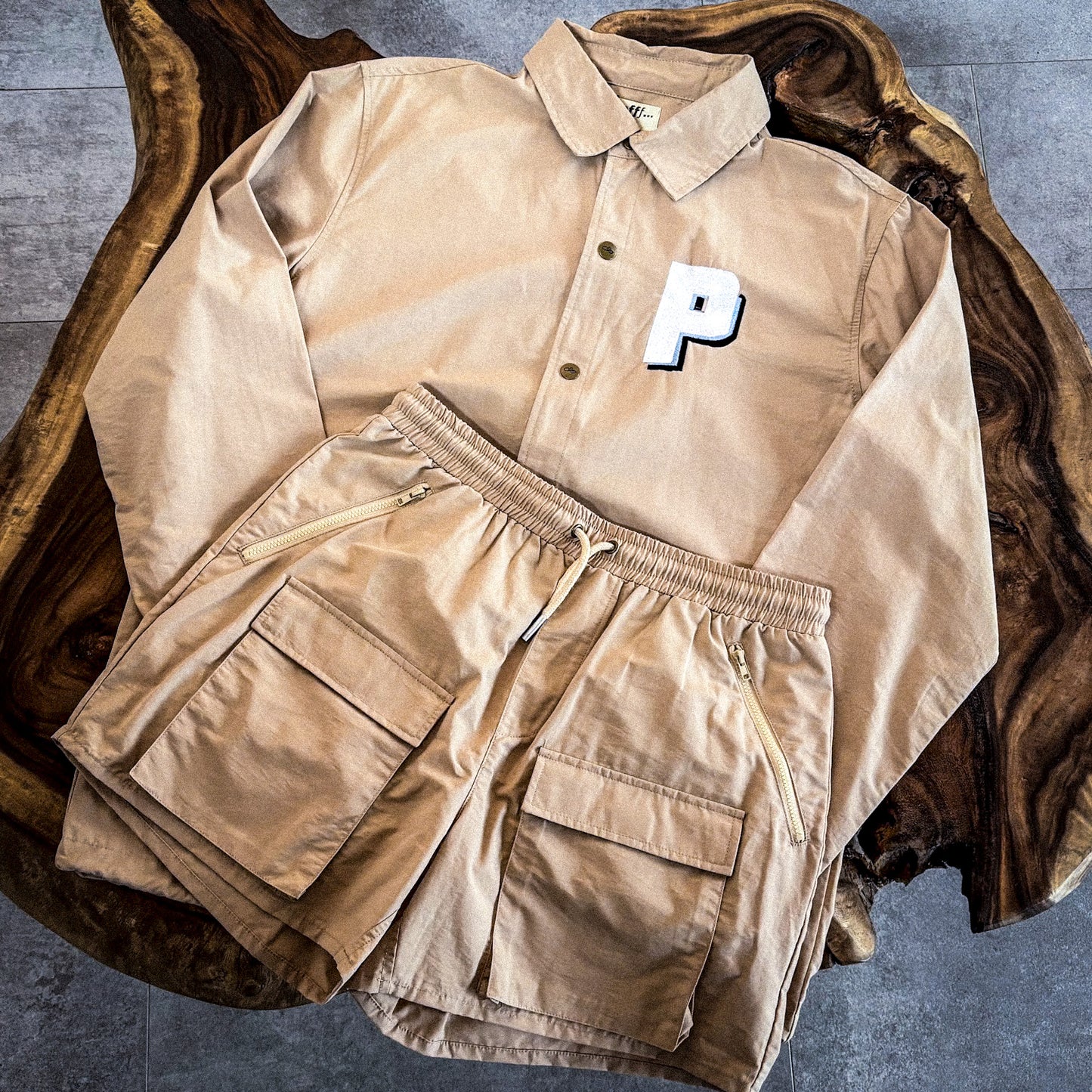 Caramel coloured cotton and nylon blend shorts, matching coach jacket, spring, summer essentials, resort, menswear, casual, Ppfff.