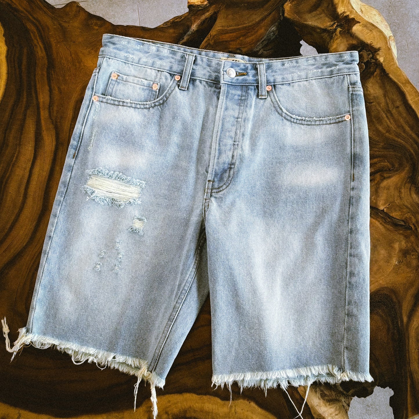 Stonewashed denim shorts, distressed detailing, cotton, copper rivets, pockets, spring, summer essentials, menswear, everyday wear, regular fit, Ppfff.