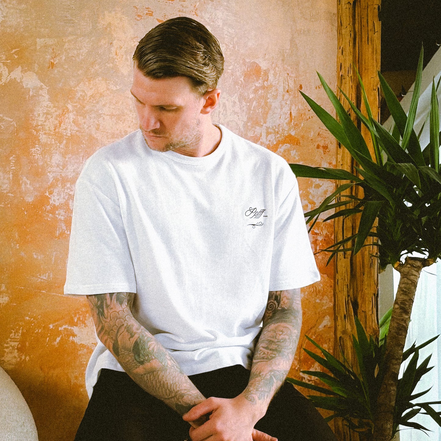 White, tee, t-shirt, cotton, embroidery, ribbed neckline, boxy, menswear, spring, summer, classic, basic, essentials, fall, winter, double rib, relaxed fit, Ppfff.