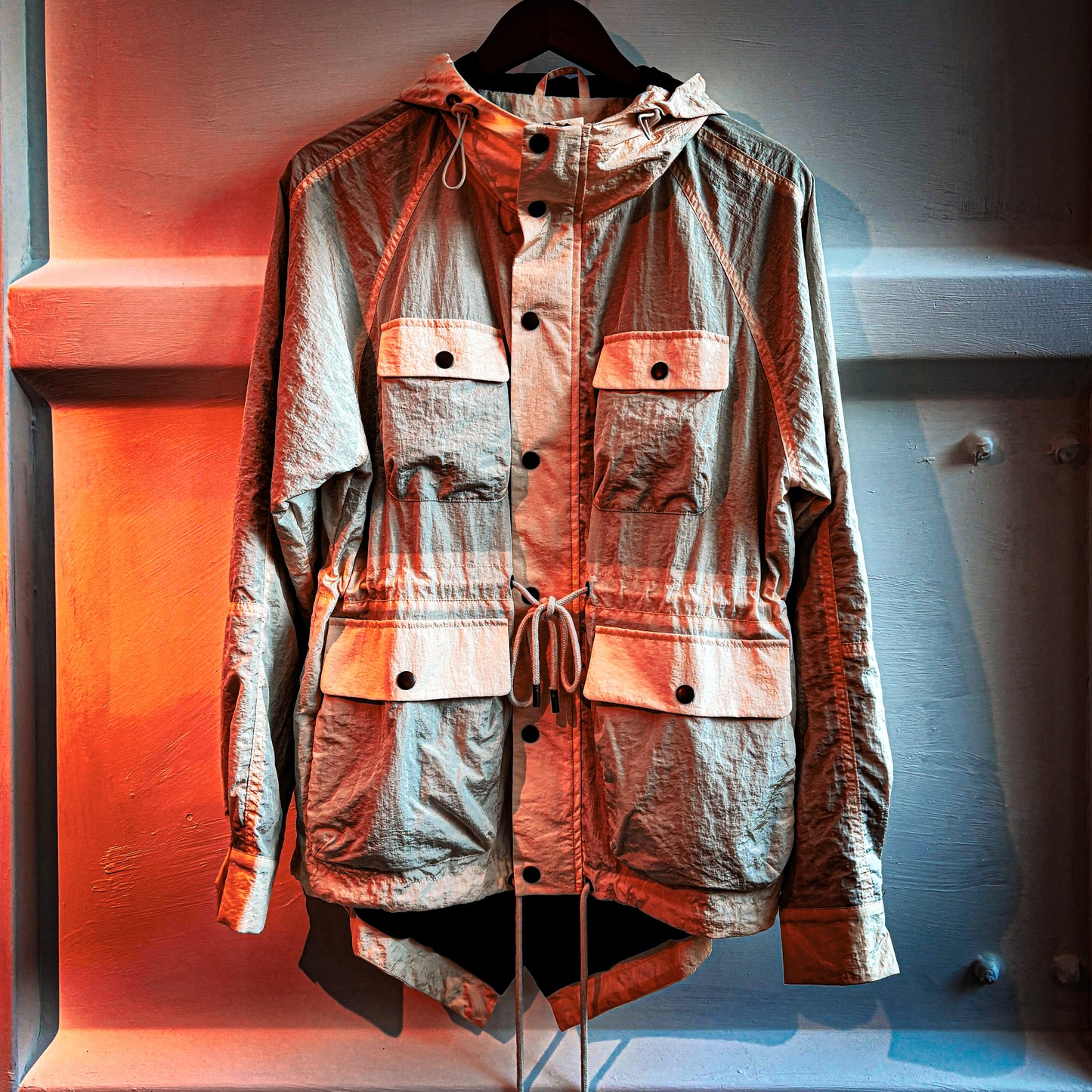 Ecru, parka coat, parka, military parka, utility, fishtail parka, menswear, nylon, lightweight, bungee adjusters, fall, winter, spring, summer, water repellent, hood, pockets, Ppfff.