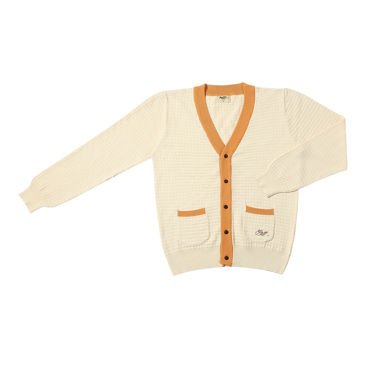 Cream, orange, cardigan, knitted, knitwear, pockets, embroidery, textured knit, classic, vintage, leather buttons, menswear, fall, winter, cardi, Ppfff.
