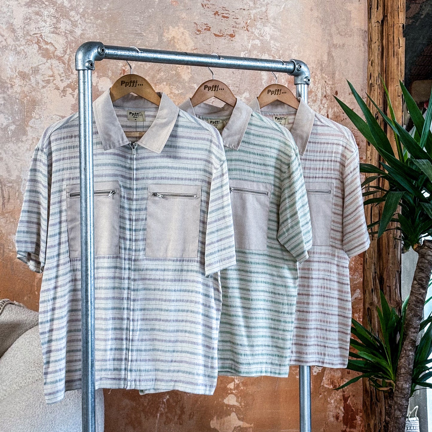 Short sleeve striped shirts, cotton, cotton twill, lightweight, zip shirt, menswear, spring, summer essentials, neutral colour way, striped, casual, Ppfff.