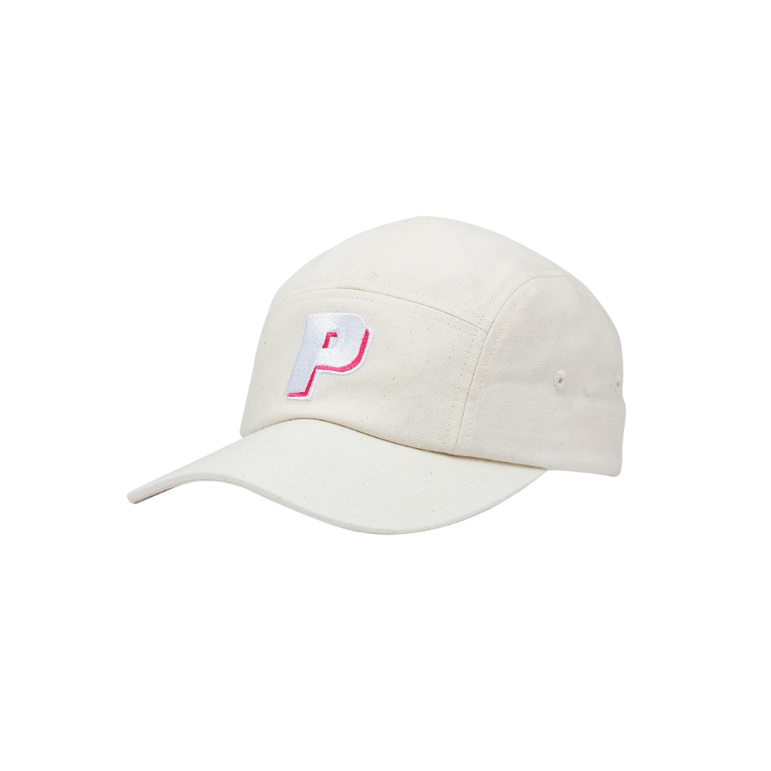 5 panel cap, ecru chambray, embroidered P logo to front panel and two eyelets to side panel for ventilation.