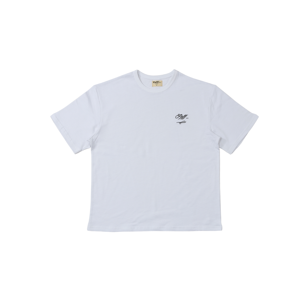 White, tee, t-shirt, cotton, embroidery, ribbed neckline, boxy, menswear, spring, summer, classic, basic, essentials, fall, double rib, relaxed fit, winter, Ppfff.