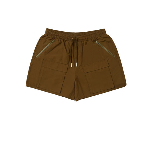Brown cotton and nylon blend shorts, pockets, zip pockets, elasticated waist, causal, menswear, spring, summer essentials, resort, Ppfff.