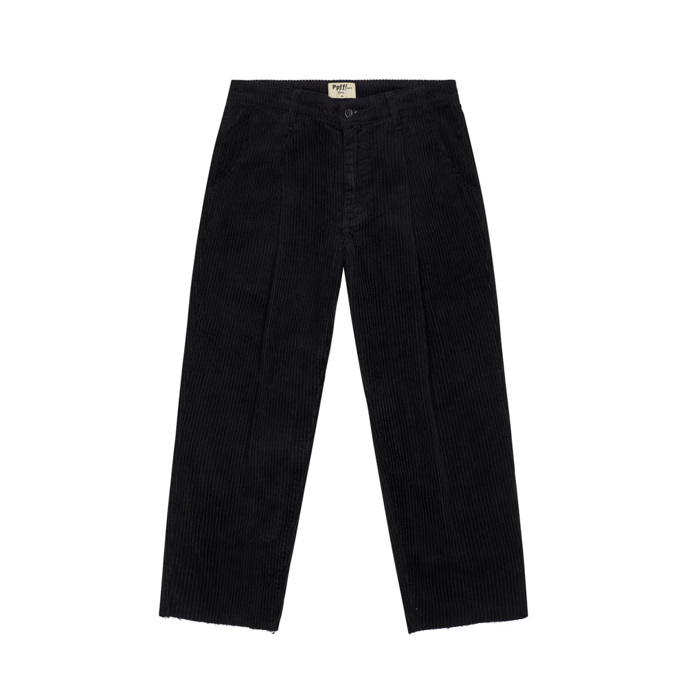 Black corduroy pants on a white background