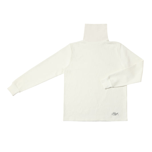 White, roll neck, grey embroidery, waffle, cotton, flat image, white background, menswear, long sleeverrd.