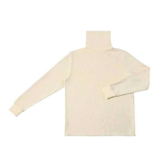 Cream, off white, roll neck, long sleeved, waffle, white embroidery, flat image, white background, menswear, cotton.