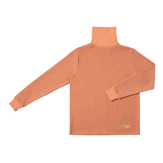 Orange, roll neck, waffle, long sleeved, cotton, menswear, flat image, white background, white embroidery.