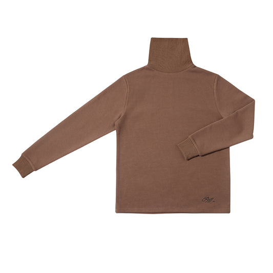 Ppfff, roll neck, brown, black embroidery, waffle, cotton, long sleeved, flat image, white background.