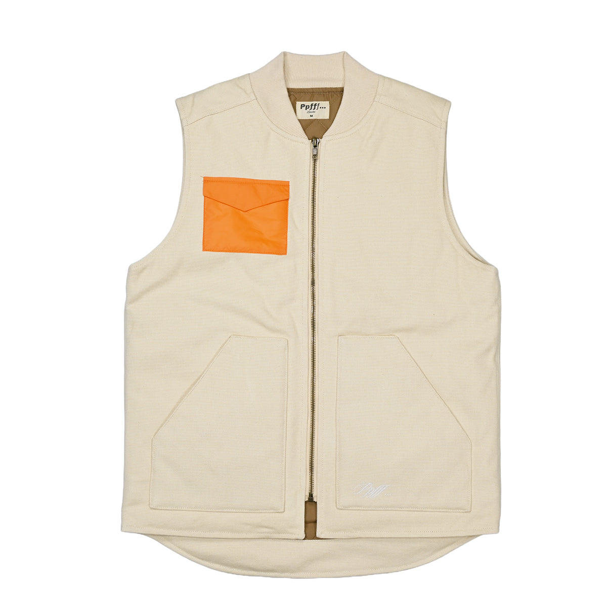 Vest, cream, cotton, canvas, warm, insulated, white embroidery, hand warmer pockets, orange nylon chest pocket, brass zip opening, flat image, white background.