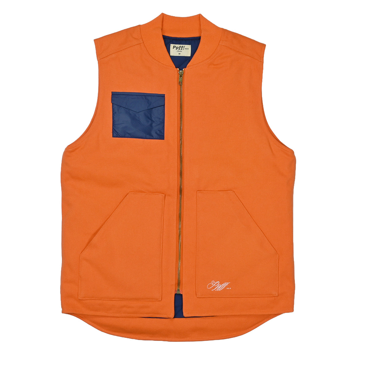 Vest, orange, brass zip opening, two hand warmer pockets, navy blue nylon chest pocket, white embroidery, menswear, warm, autumn, winter, flat image, white background.