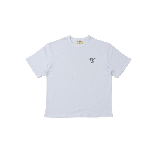 T-shirt, white, cotton, slub, black embroidery, ribbed neckline, casual, menswear, flat image, white background.