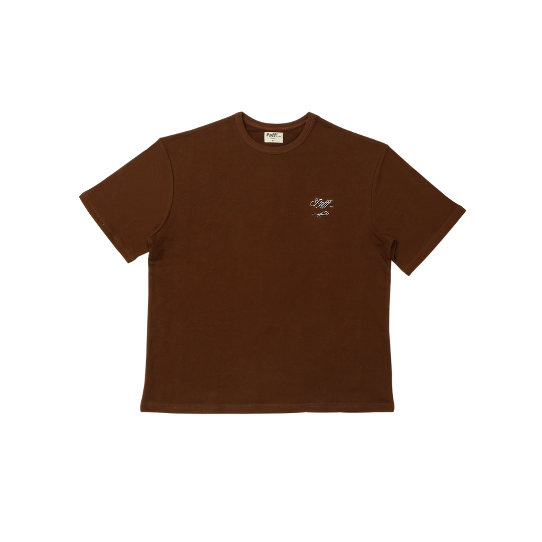 T-shirt, cotton, slub, brown, white embroidery, ribbed neckline, flat image, white background, menswear.