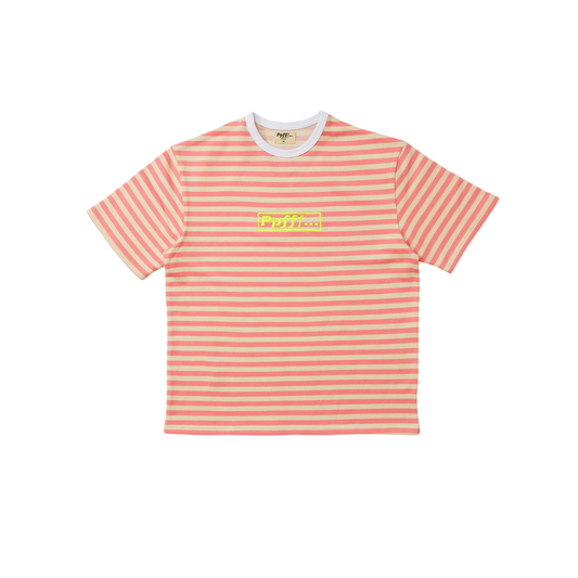 Striped tee, pink and cream, neon yellow embroidered logo, white ribbed neckline, cotton, sweatshirt fabric, spring, summer, menswear, flat image, white background.