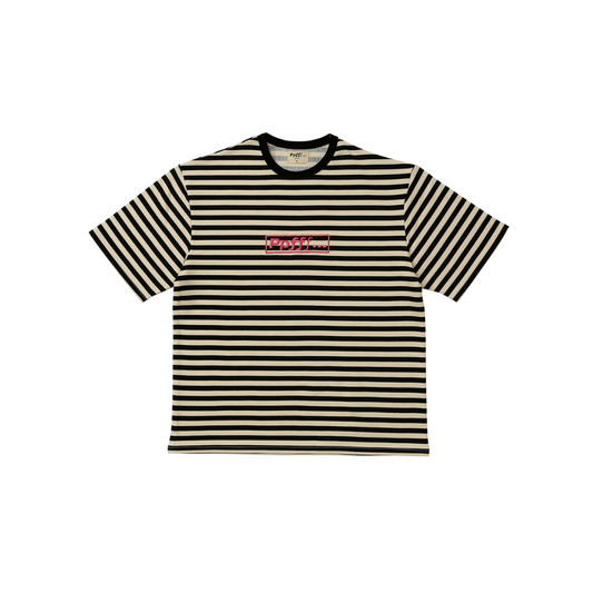 Ppfff, striped tee, black, cream, pink embroidery, sweatshirt fabric, spring, summer, menswear, flat image, white background.