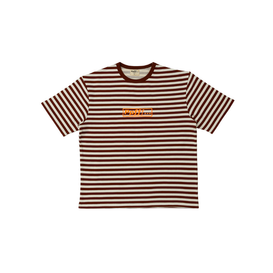 Striped tee, brown and cream, orange embroidered logo, ribbed neckline, cotton, sweatshirt fabric, spring, summer, menswear, flat image, white background.